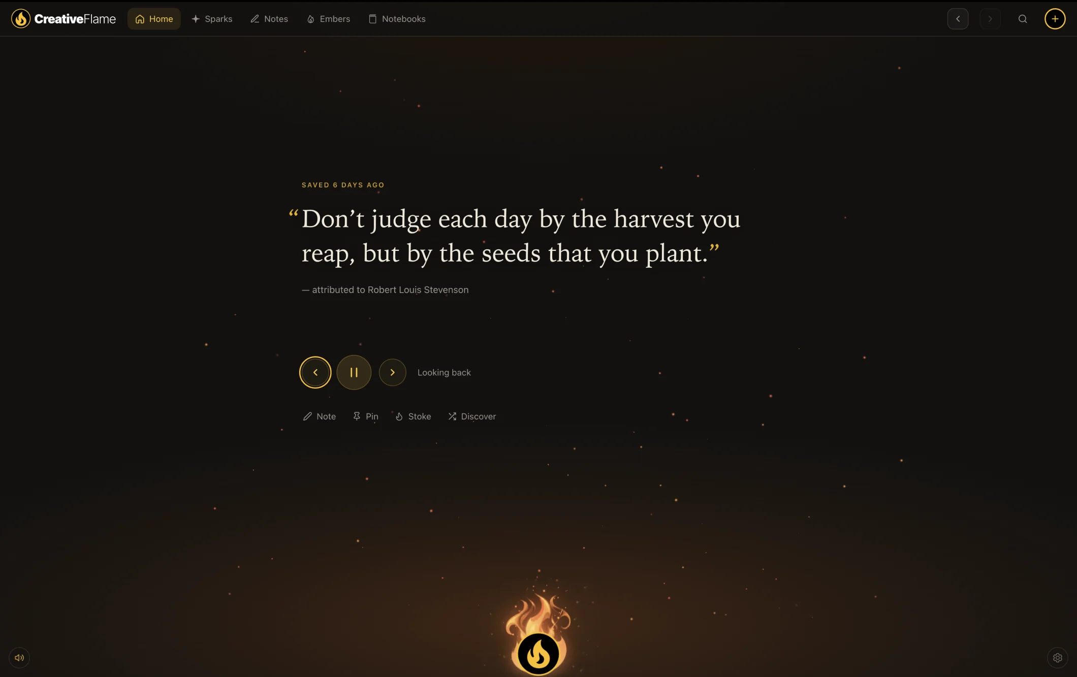 Home: a saved quote, “Small kindnesses aren’t loud, but they echo forever,” above a glowing campfire.
