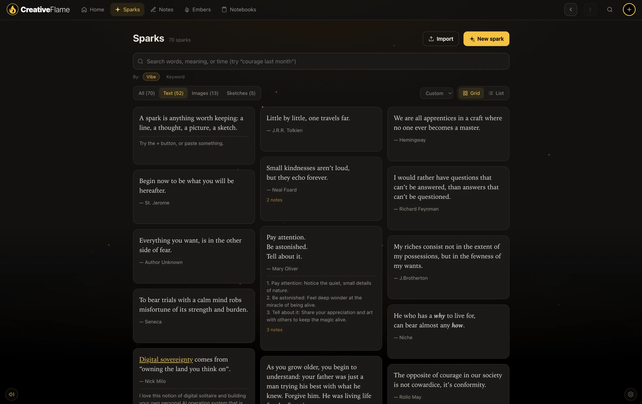 The Sparks page: a grid of saved quotes with a search bar and filters.