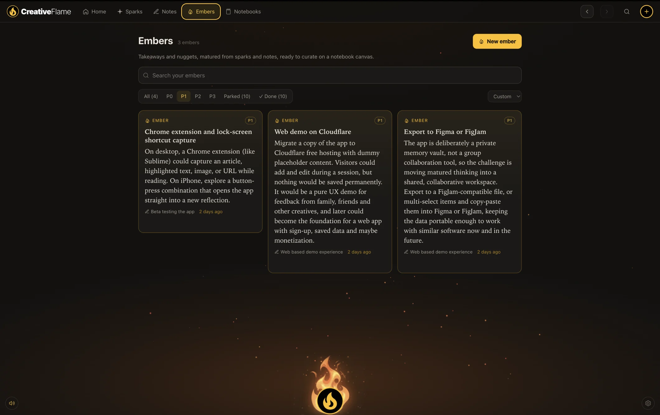 The Embers page: three ember cards with titles and short takeaways.